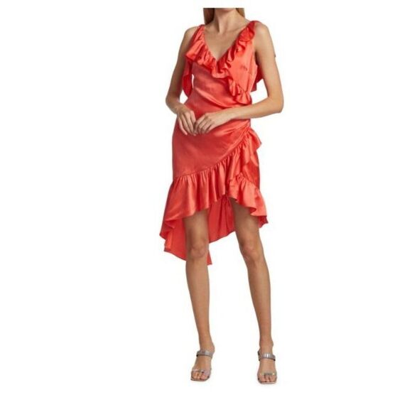 Cinq a Sept Womens Petunya Ruffled Wrap Dress Size 4 Orange Neon Coral - Picture 1 of 7